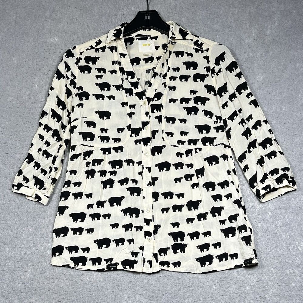 Anthropologie Maeve Blouse Size 2 Woodland Walk Black Bear Print Button Down